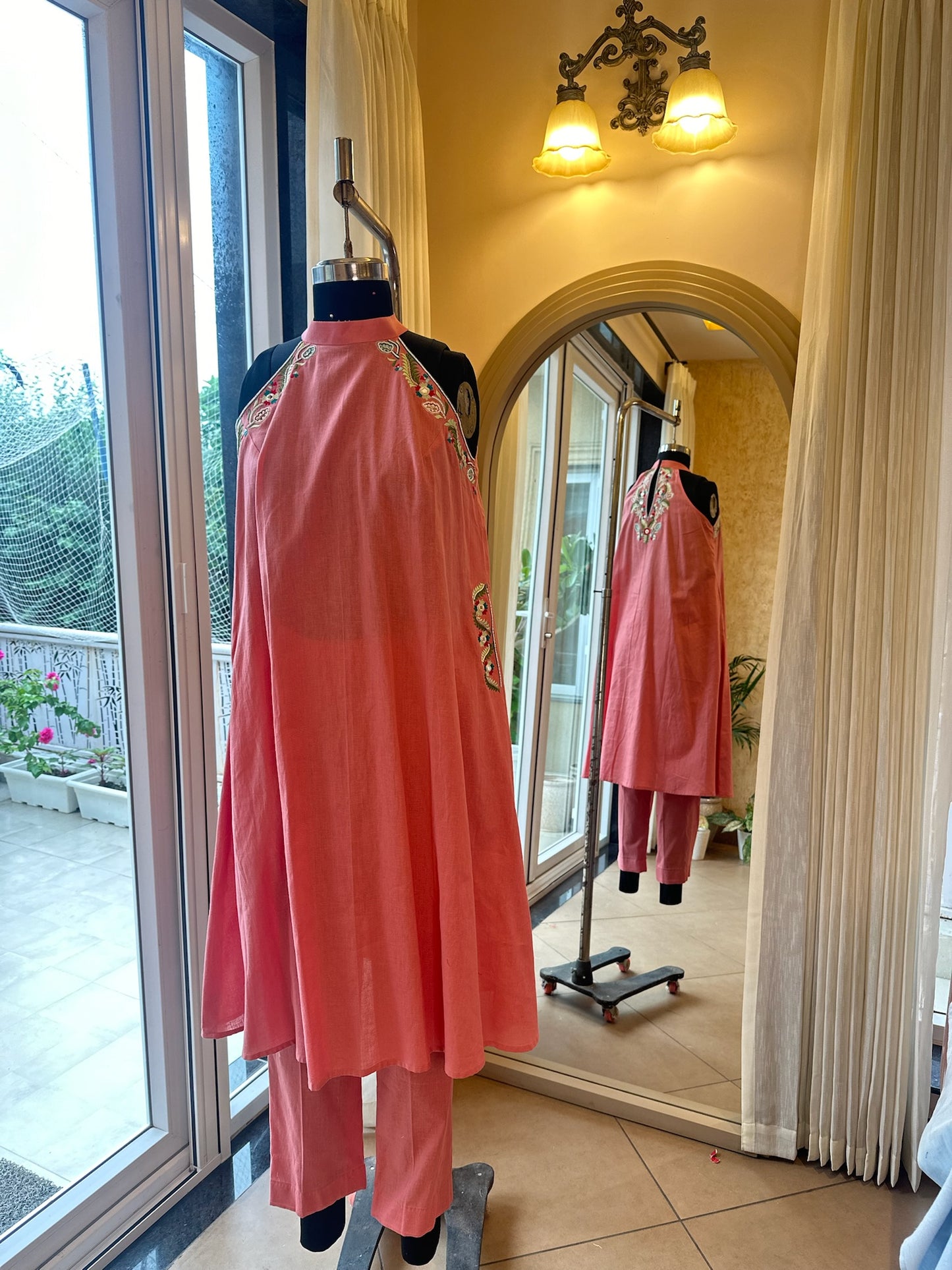 Pink Cotton Linen Halter neck Kurta Set