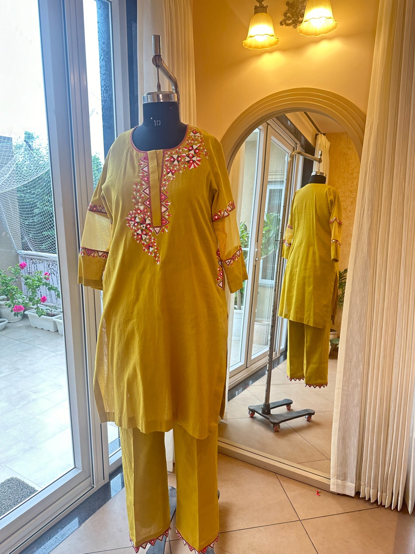 Yellow Cotton Linen full sleeves Kurta Set
