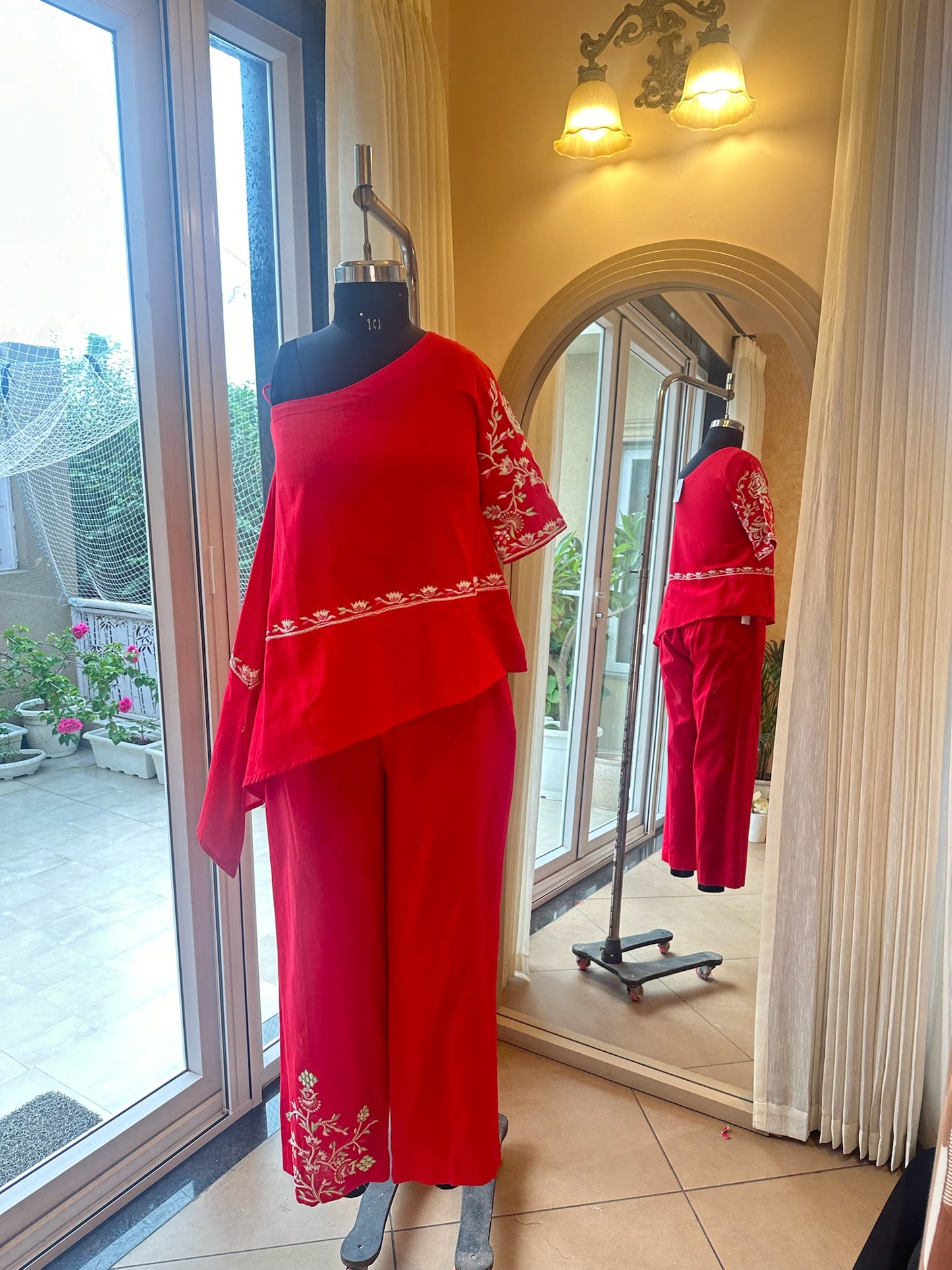 Red Cotton Linen one shoulder kurta set