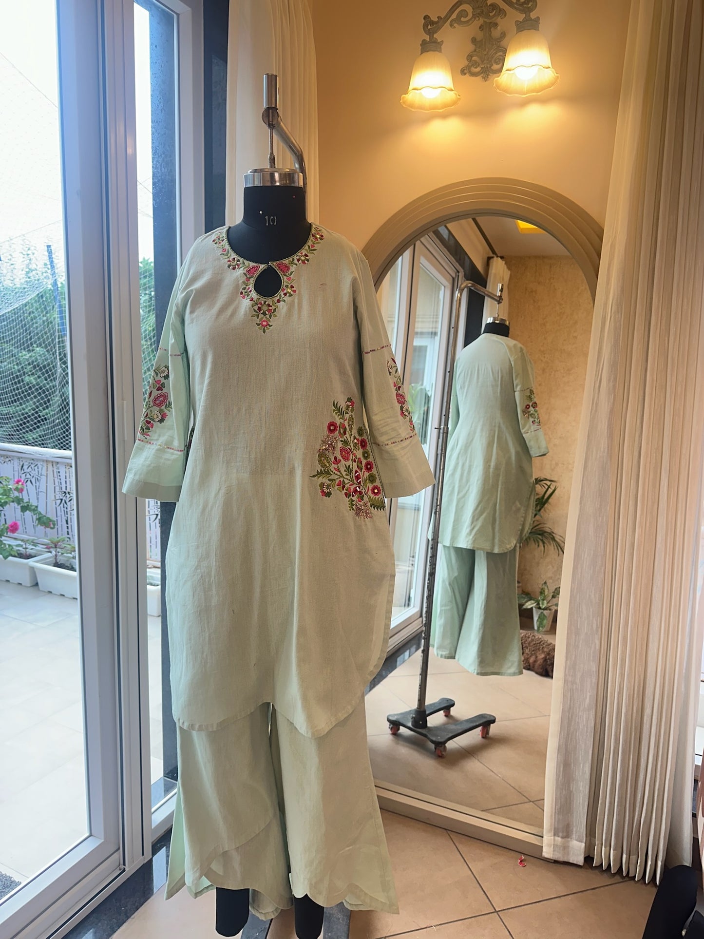 Mint keyhole embroidered kurta set
