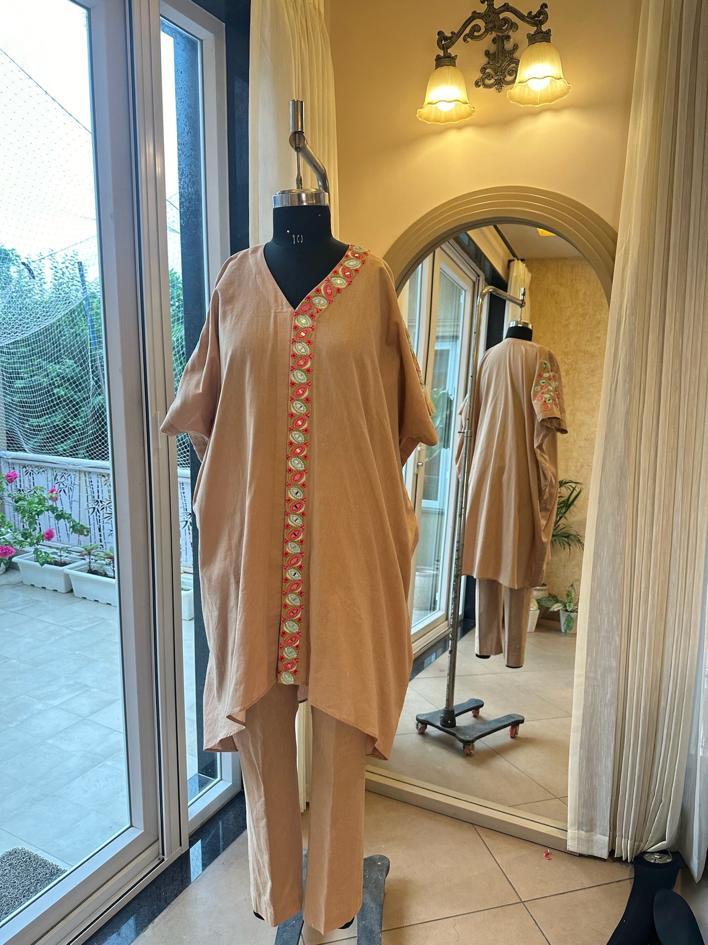 Beige Cotton Linen Kaftan Kurta Set