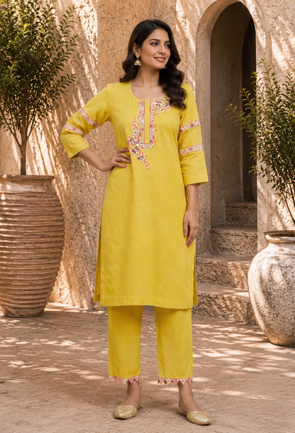 Yellow Cotton Linen full sleeves Kurta Set
