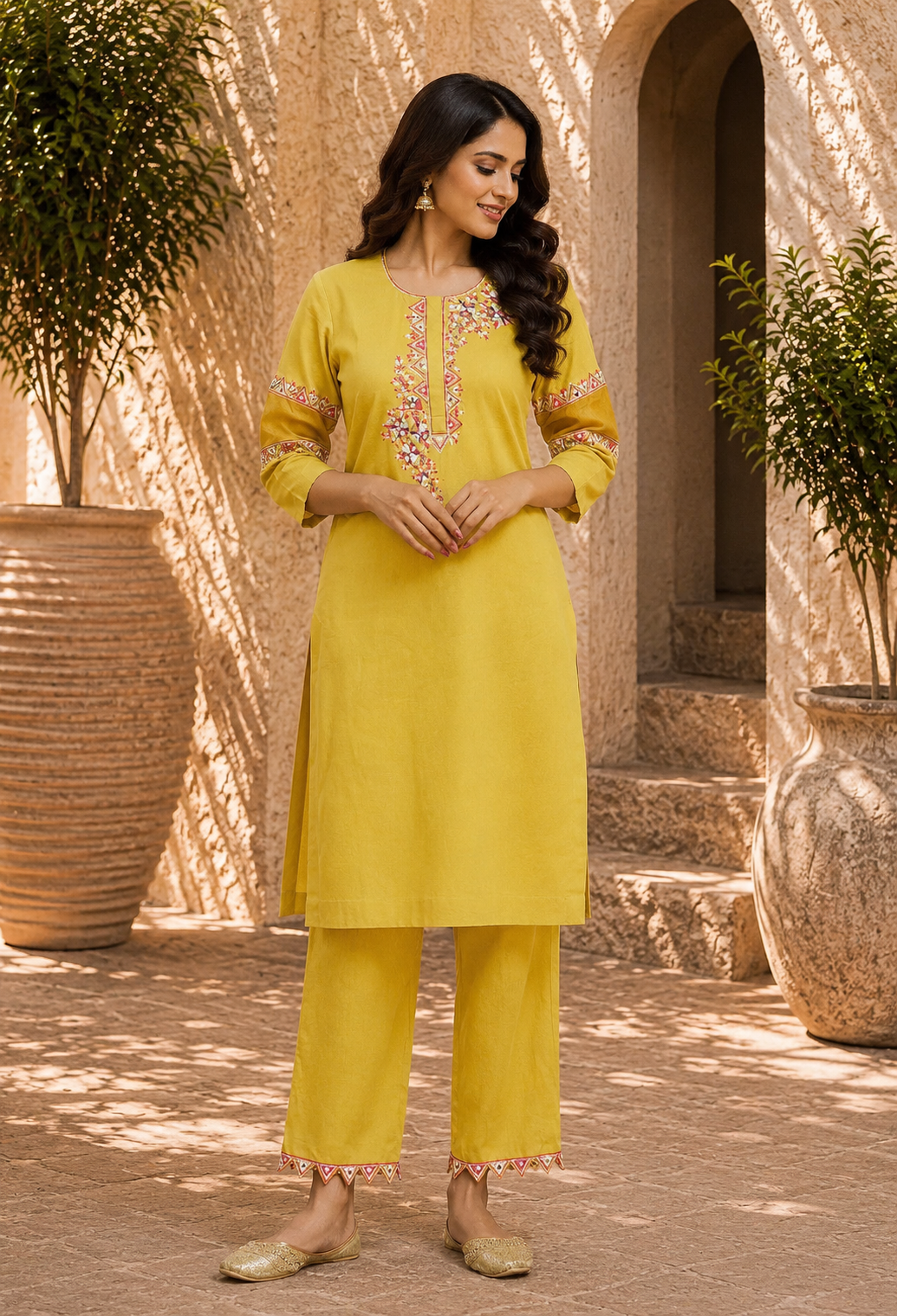 Yellow Cotton Linen full sleeves Kurta Set