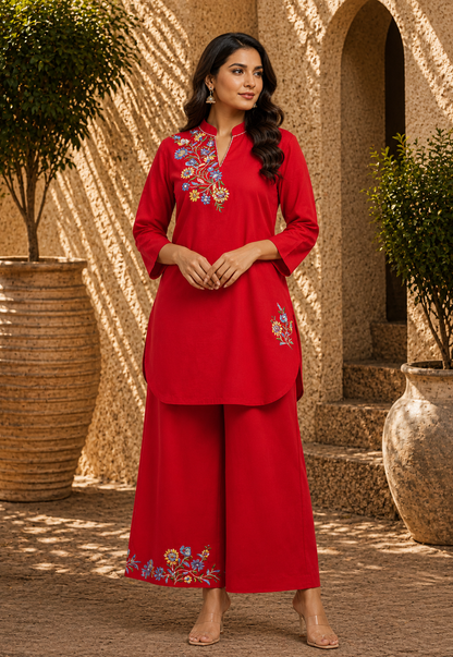 Red Cotton Linen full sleeve short kurta set
