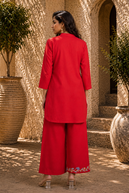 Red Cotton Linen full sleeve short kurta set