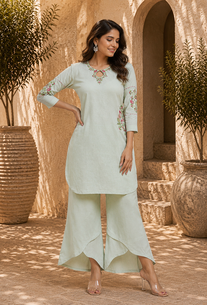 Mint keyhole embroidered kurta set