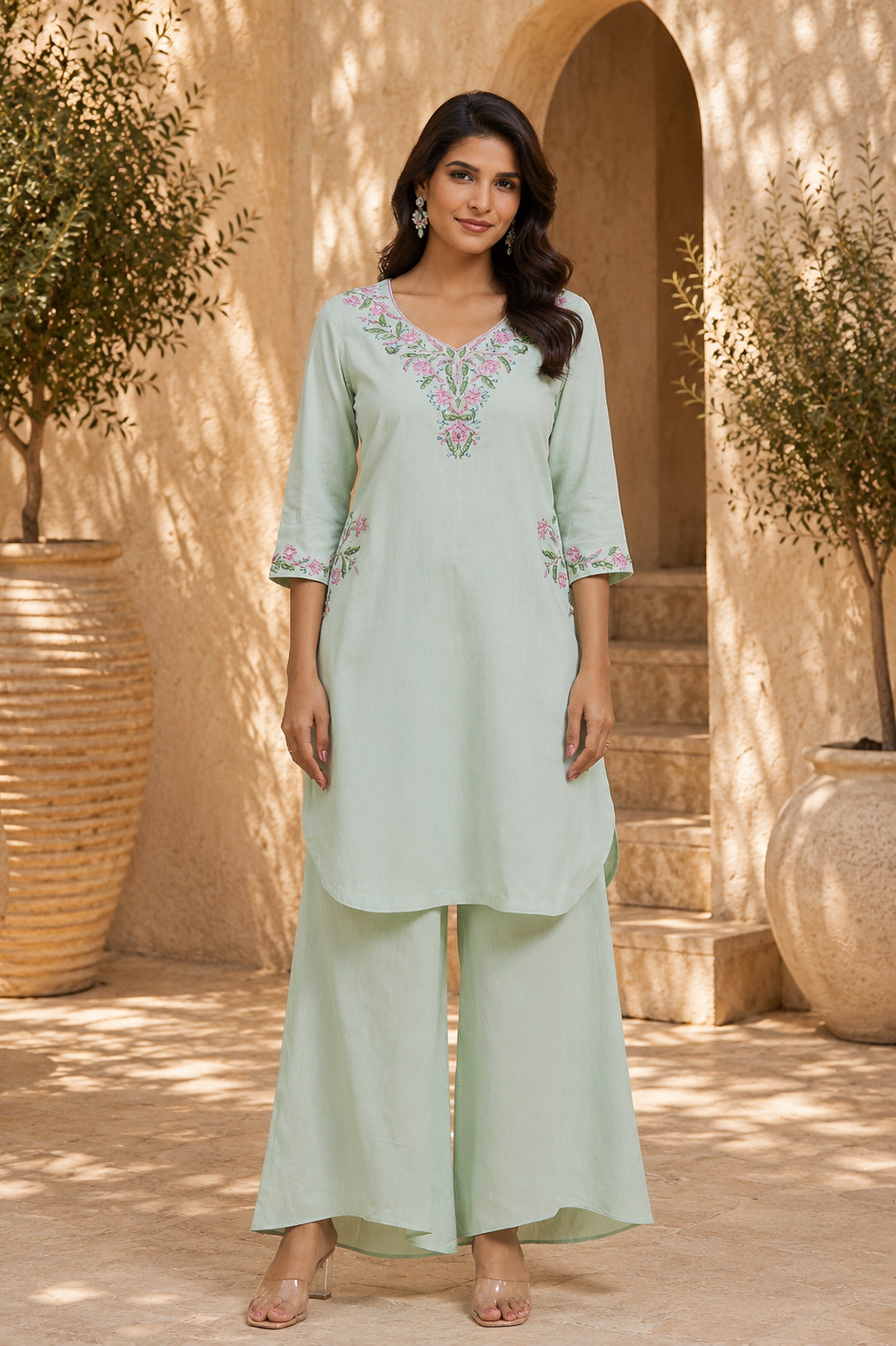 Mint Linen Cotton  Dahlia Garden V Neck Kurta Set