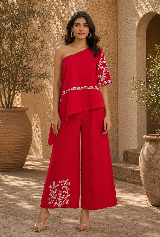 Red Cotton Linen one shoulder kurta set