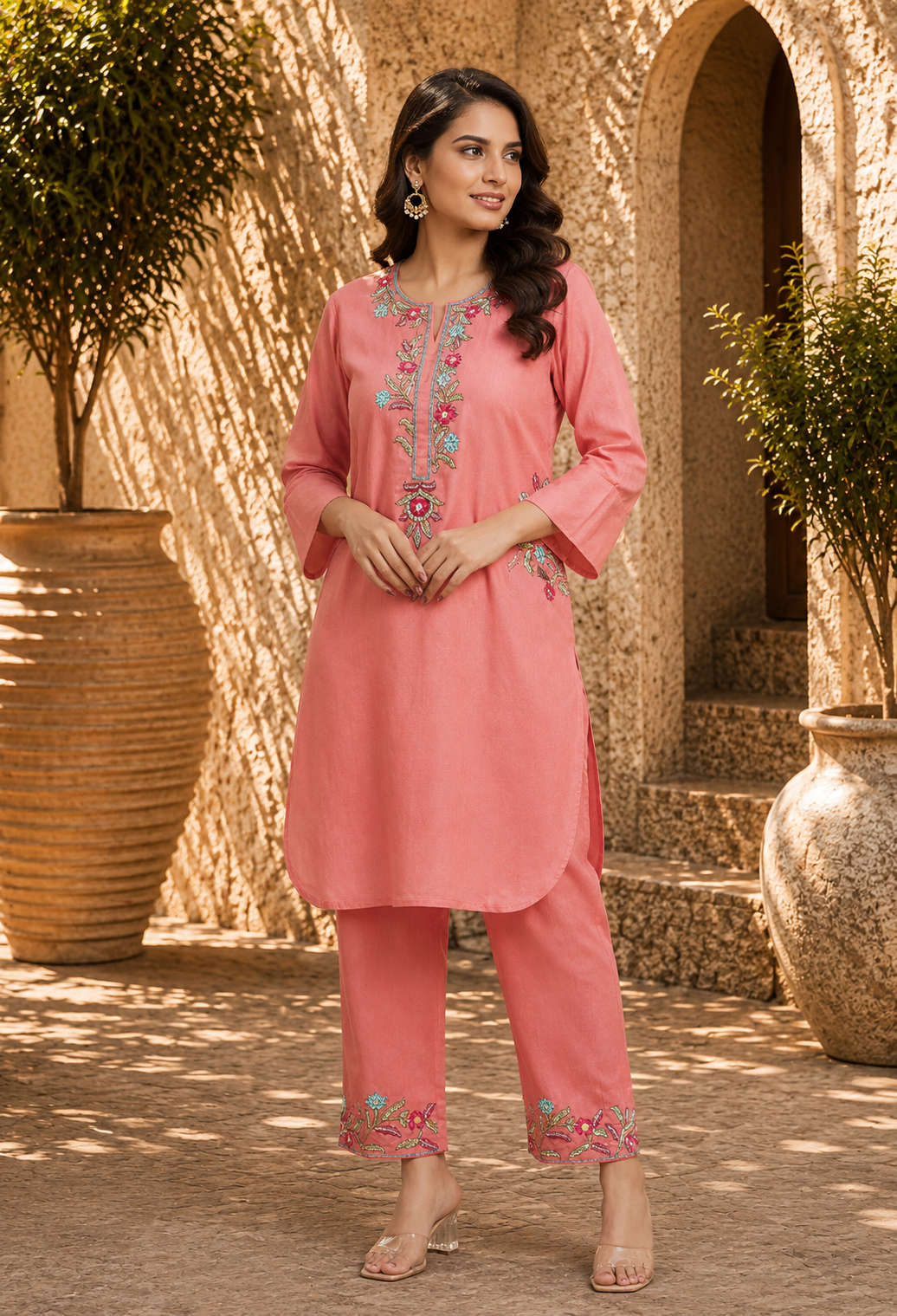 Pink Cotton Linen full sleeve Kurta Set