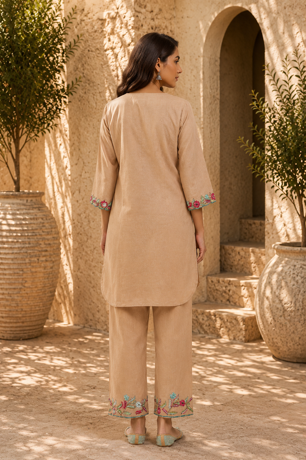 Beige Cotton Linen Cutwork Kurta Set