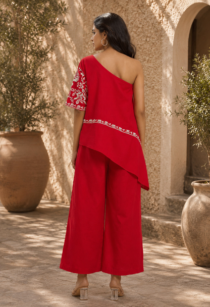 Red Cotton Linen one shoulder kurta set