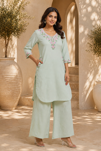 Mint Linen Cotton  Dahlia Garden V Neck Kurta Set