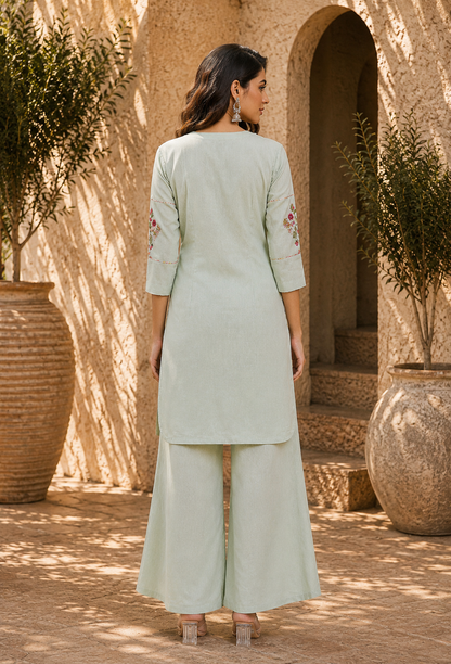 Mint keyhole embroidered kurta set