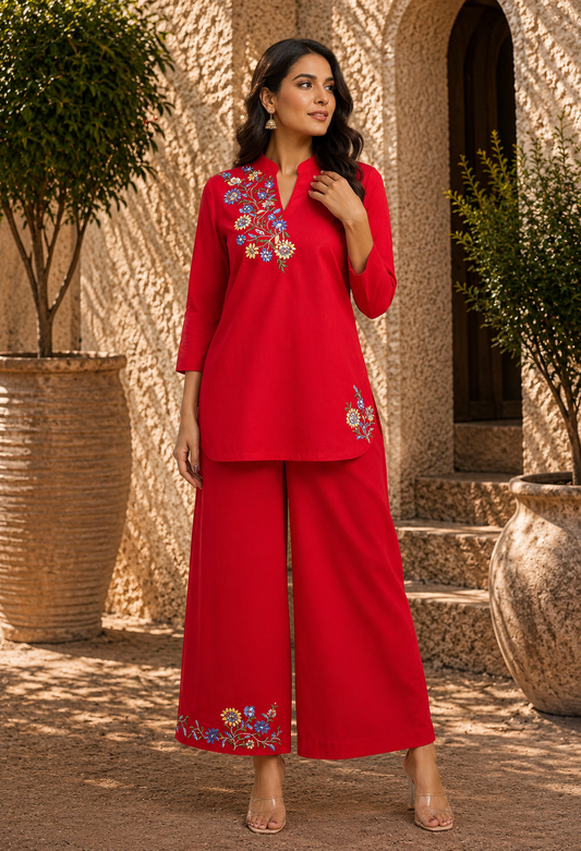 Red Cotton Linen full sleeve short kurta set