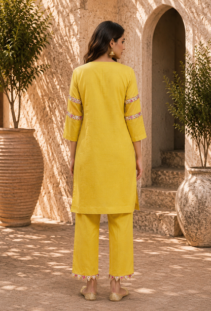 Yellow Cotton Linen full sleeves Kurta Set