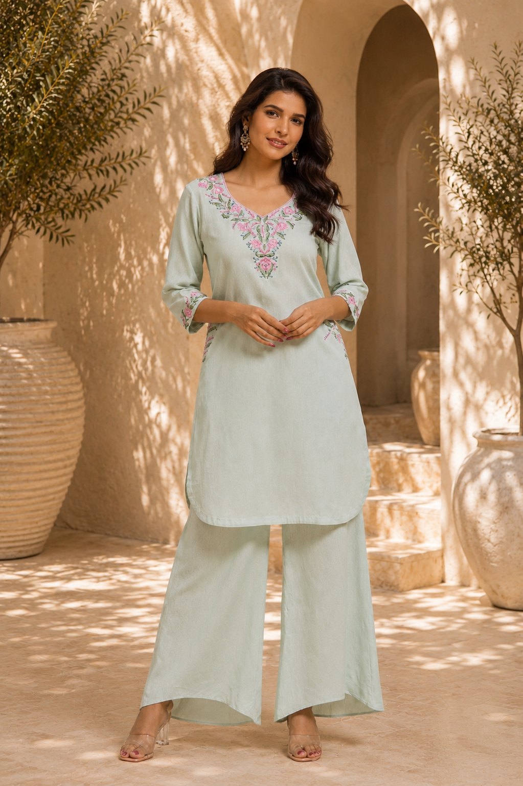 Mint Linen Cotton  Dahlia Garden V Neck Kurta Set