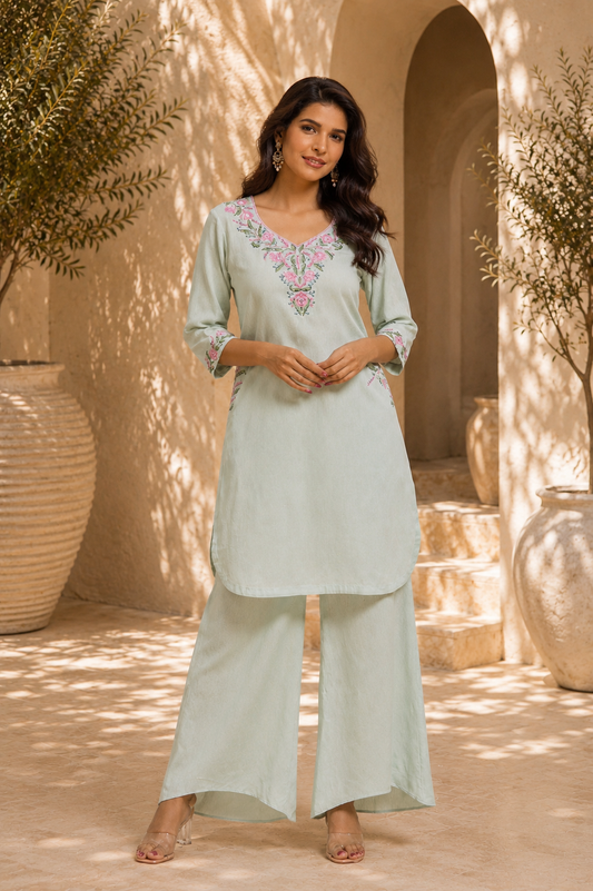 Mint Linen Cotton  Dahlia Garden V Neck Kurta Set