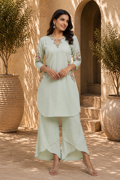 Mint keyhole embroidered kurta set