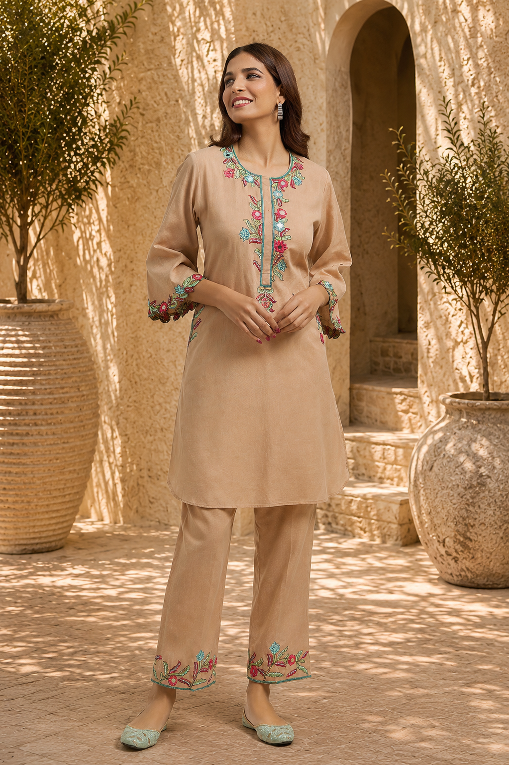 Beige Cotton Linen Cutwork Kurta Set