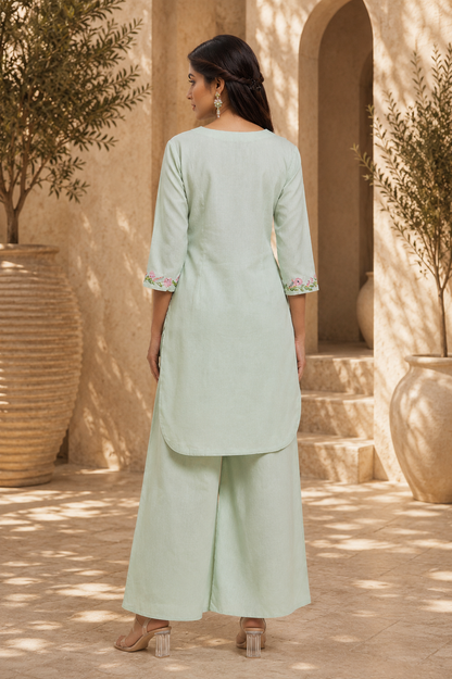 Mint Linen Cotton  Dahlia Garden V Neck Kurta Set