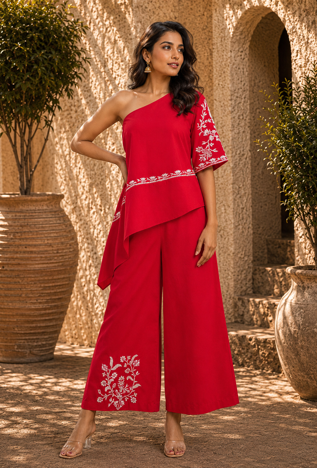 Red Cotton Linen one shoulder kurta set