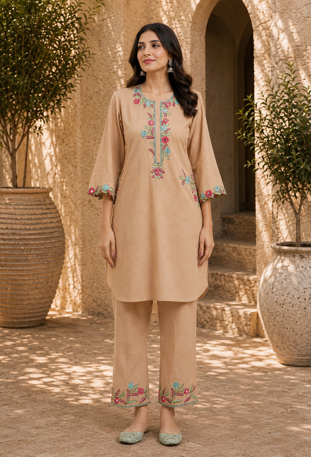 Beige Cotton Linen Cutwork Kurta Set