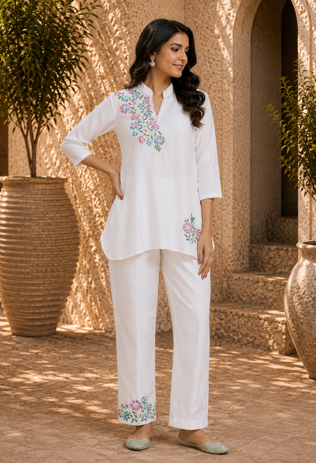 White full sleeve short kurta set