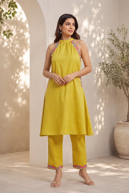 Yellow Cotton Linen Halter neck Kurta Set