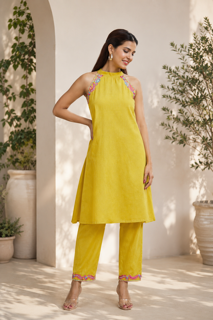 Yellow Cotton Linen Halter neck Kurta Set