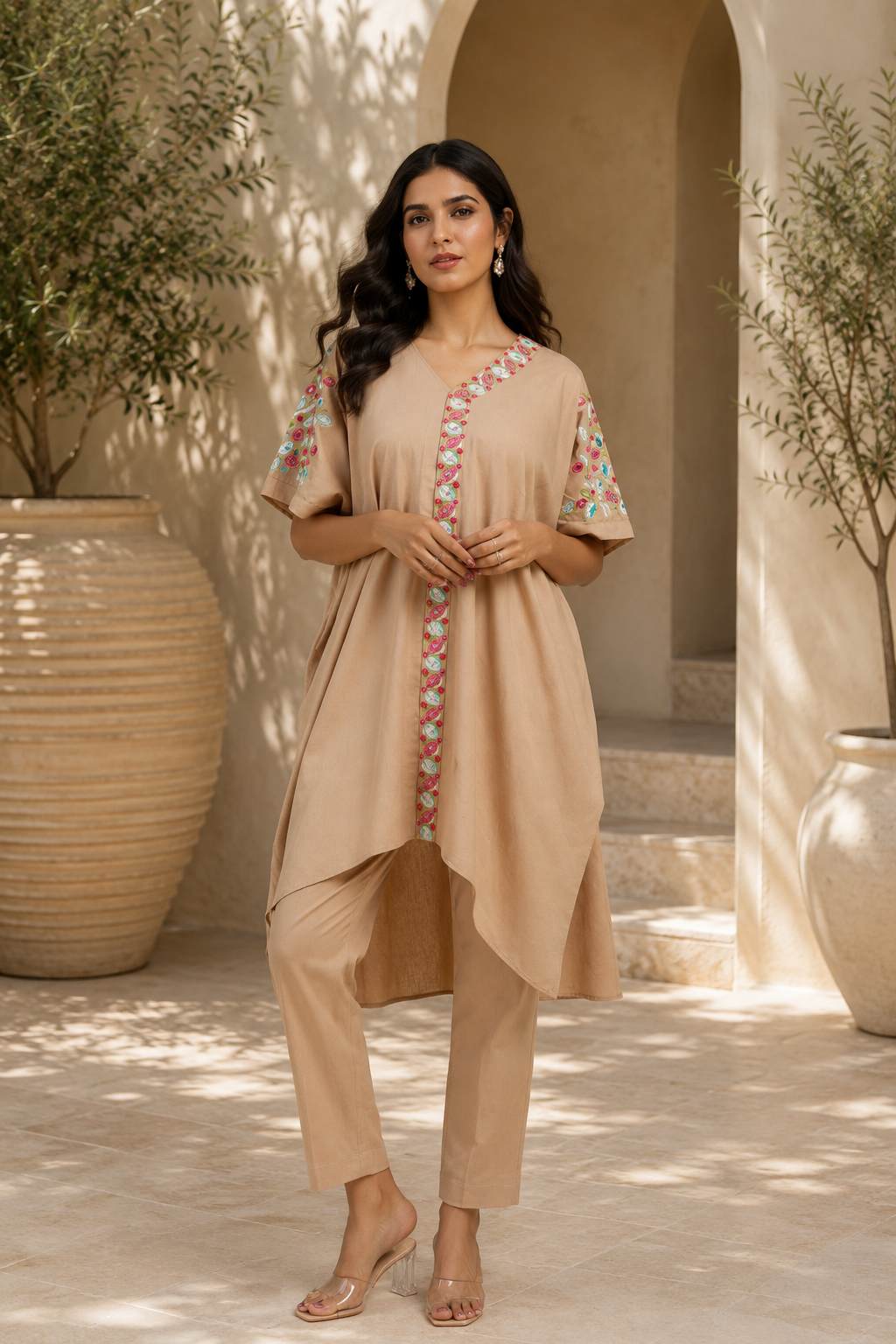 Beige Cotton Linen Kaftan Kurta Set