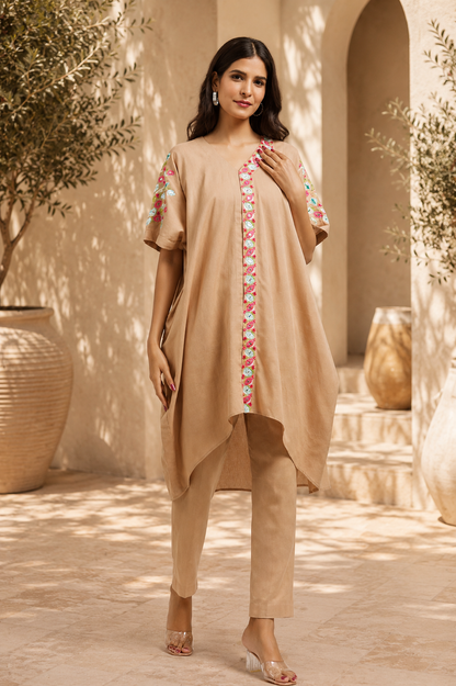 Beige Cotton Linen Kaftan Kurta Set