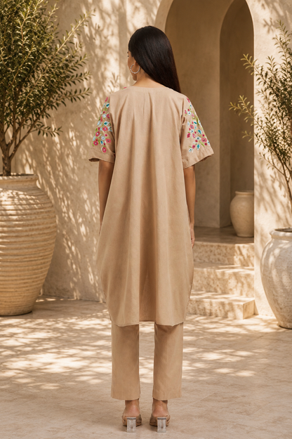 Beige Cotton Linen Kaftan Kurta Set