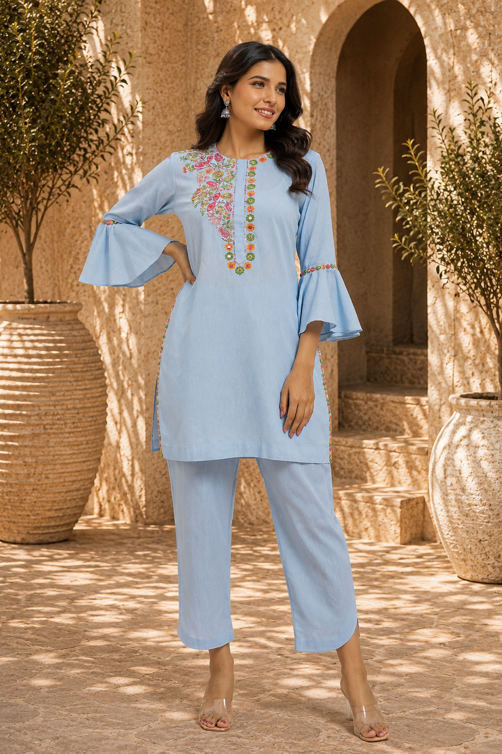 Blue Cotton Linen full sleeves Kurta Set