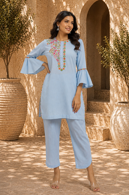 Blue Cotton Linen full sleeves Kurta Set