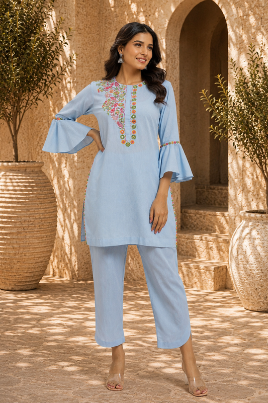 Blue Cotton Linen full sleeves Kurta Set