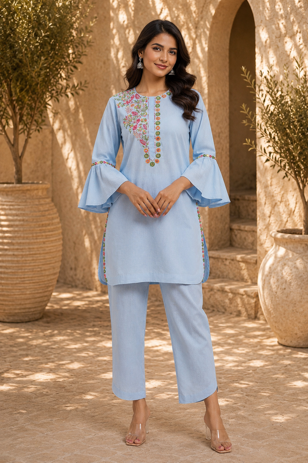 Blue Cotton Linen full sleeves Kurta Set