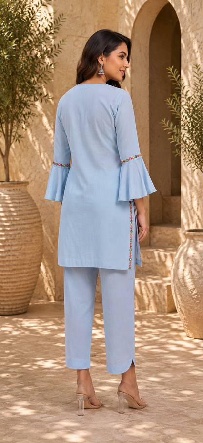Blue Cotton Linen full sleeves Kurta Set