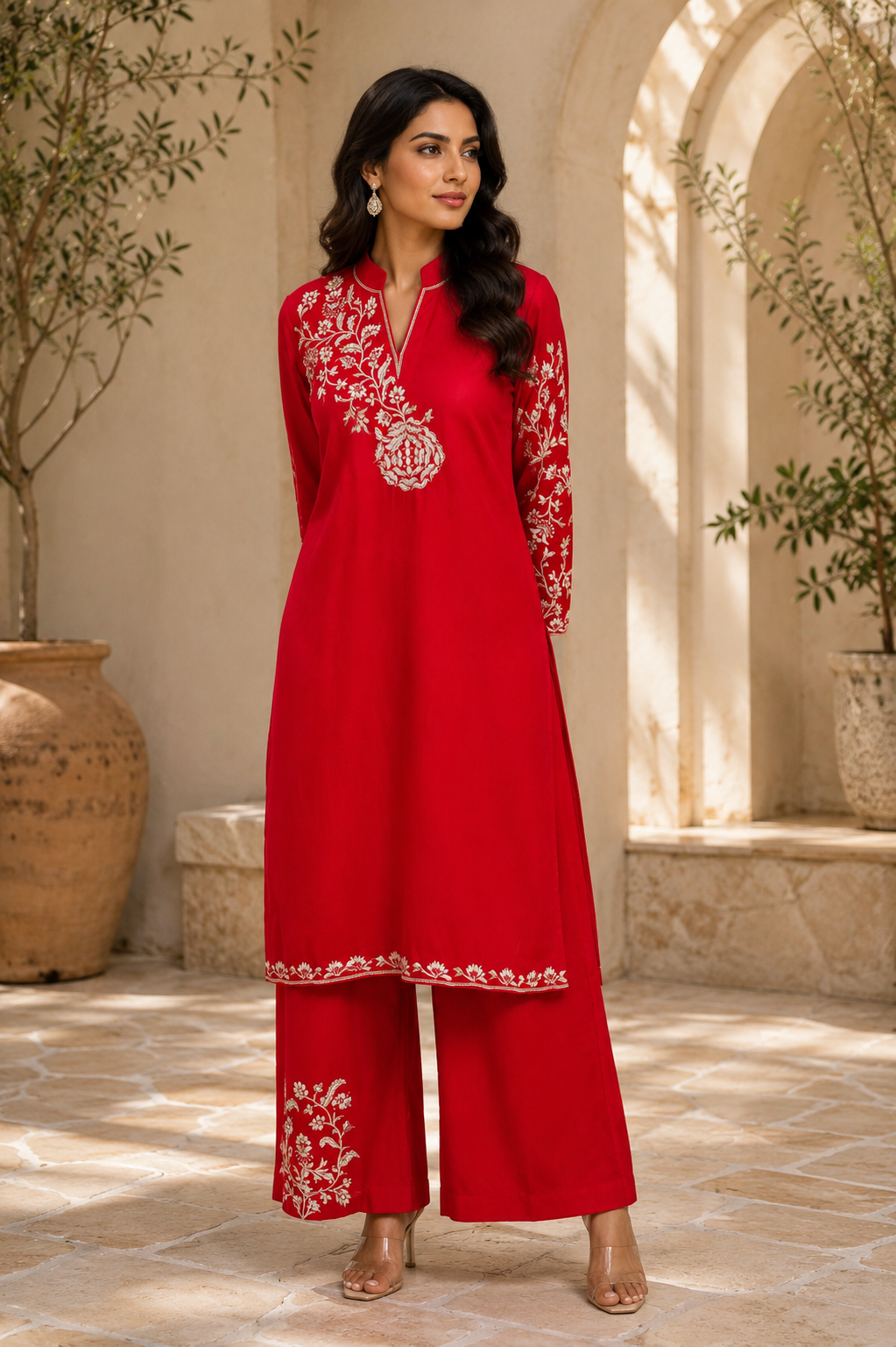 Red Cotton Linen sleeve embroidery kurta set