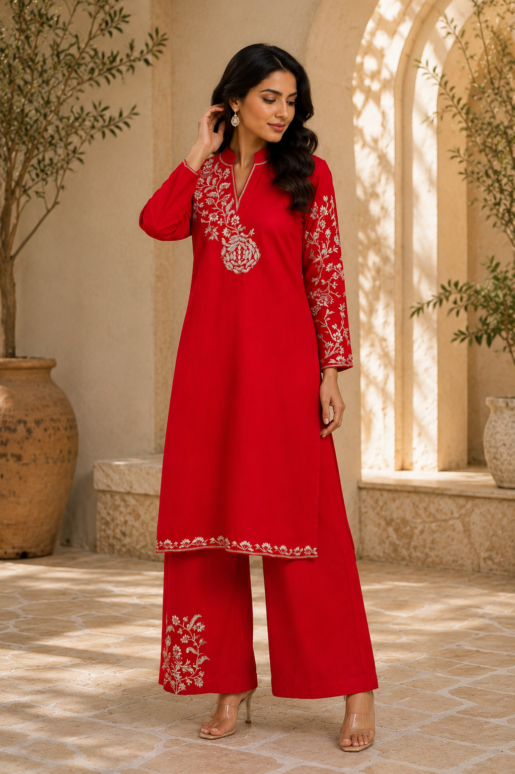 Red Cotton Linen sleeve embroidery kurta set