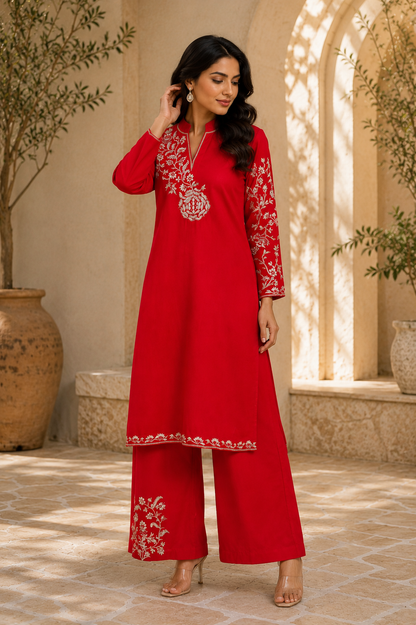 Red Cotton Linen sleeve embroidery kurta set