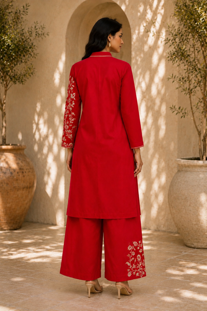 Red Cotton Linen sleeve embroidery kurta set