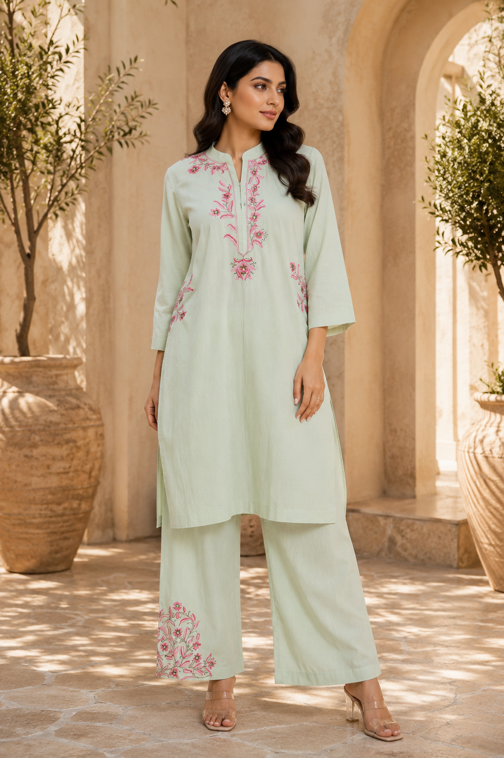 Mint Linen Cotton Straight Kurta Set