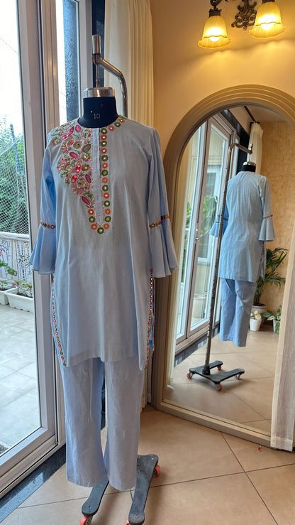 Blue Cotton Linen full sleeves Kurta Set