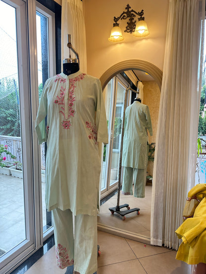 Mint Linen Cotton Straight Kurta Set