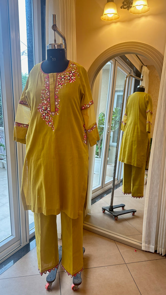 Yellow Cotton Linen full sleeves Kurta Set