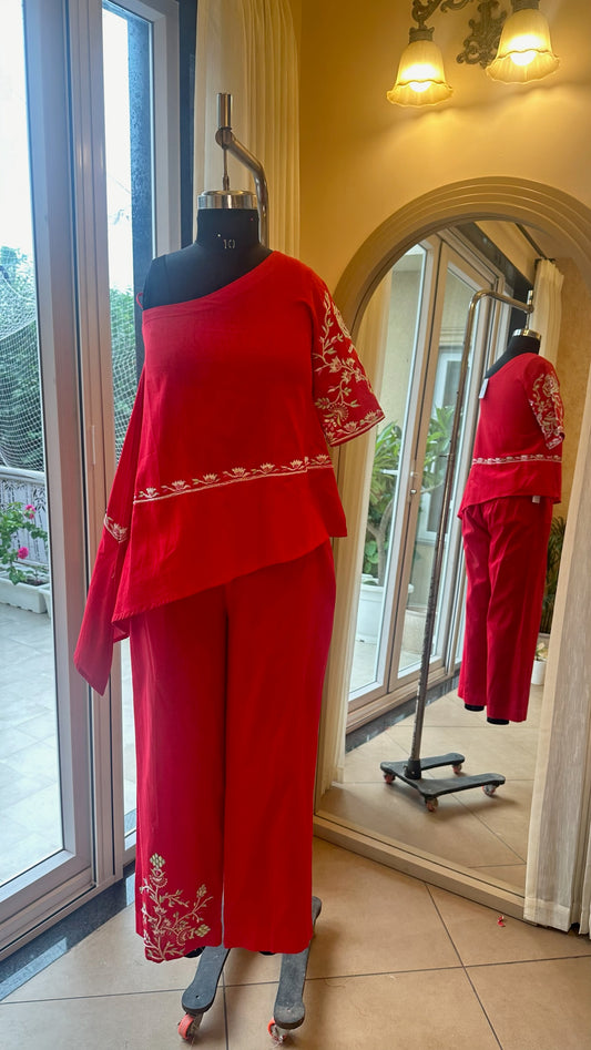 Red Cotton Linen one shoulder kurta set