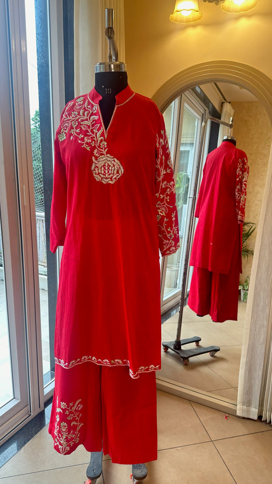 Red Cotton Linen sleeve embroidery kurta set