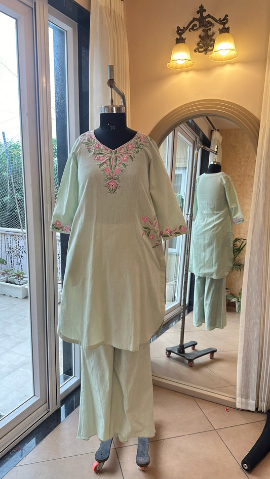 Mint Linen Cotton  Dahlia Garden V Neck Kurta Set