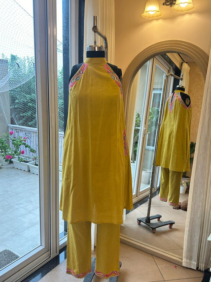 Yellow Cotton Linen Halter neck Kurta Set