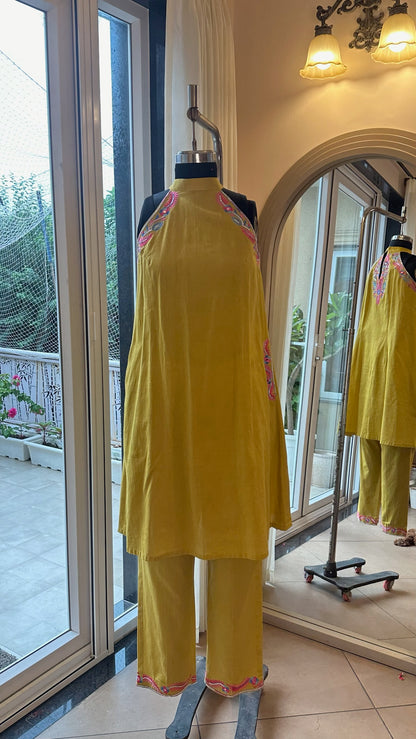 Yellow Cotton Linen Halter neck Kurta Set